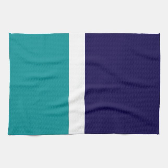 Teal White Blue Plain Colour Block Design  Tea Towel (Horizontal)
