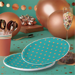 Teal White Burnt Orange Polka Dots Paper Plate