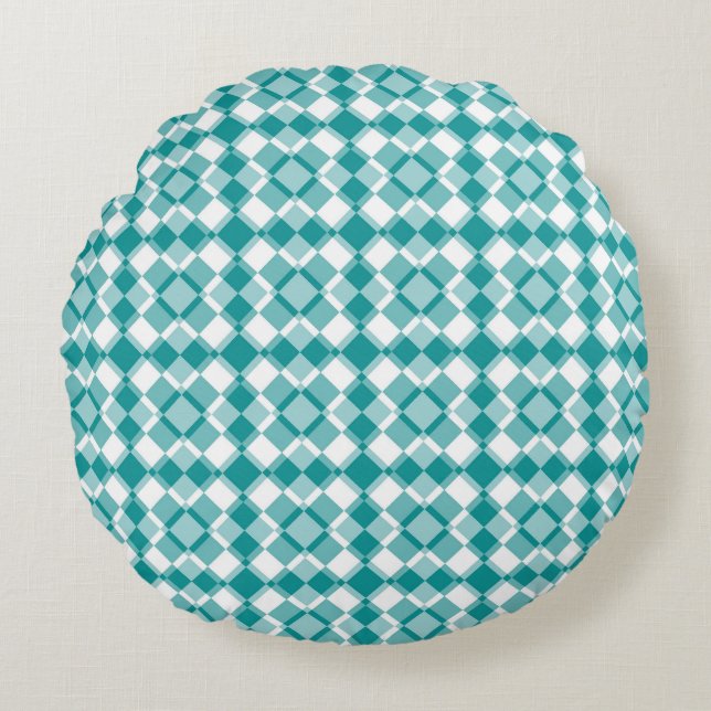 Teal White Checker Argyle Pattern Round Cushion (Front)