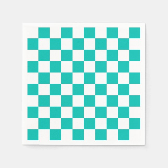 Teal White Chequered Board Pattern Napkin (Front)