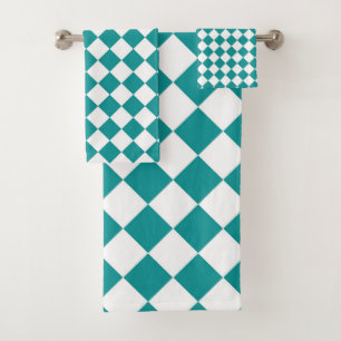 Teal White Chequered Diamond Pattern Bath Towel Set