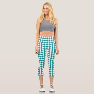 Teal White Chequered Diamond Pattern Capri Leggings