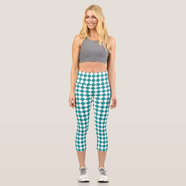 Teal White Chequered Diamond Pattern Capri Leggings (Front)