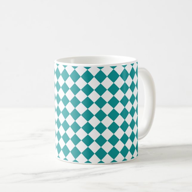 Teal White Chequered Diamond Pattern Coffee Mug (Front Right)