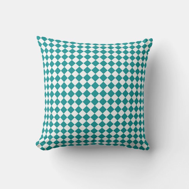 Teal White Chequered Diamond Pattern Cushion (Front)
