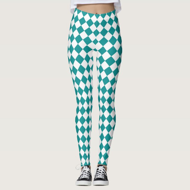 Teal White Chequered Diamond Pattern Leggings (Front)