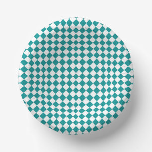 Teal White Chequered Diamond Pattern Paper Plate