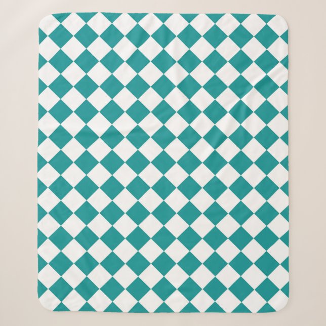 Teal White Chequered Diamond Pattern Sherpa Blanket (Front)