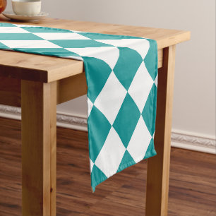Teal White Chequered Diamond Pattern Short Table Runner
