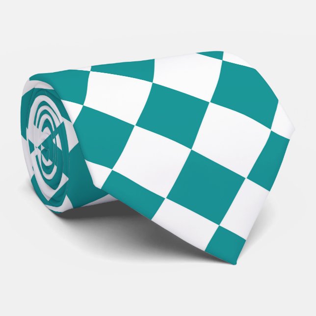 Teal White Chequered Diamond Pattern Tie (Rolled)