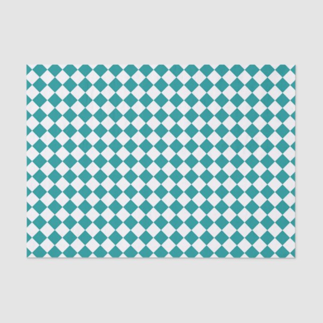 Teal White Chequered Diamond Pattern Tissue Paper (Front)