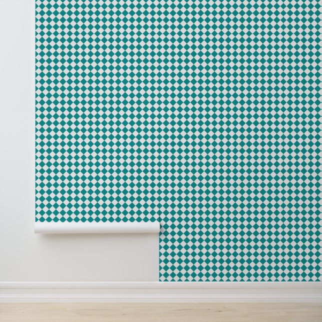 Teal White Chequered Diamond Pattern Wallpaper (Application)