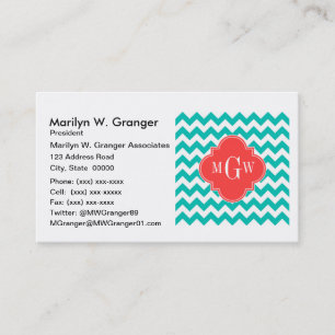 Teal White Chevron Coral Quatrefoil 3 Monogram Business Card