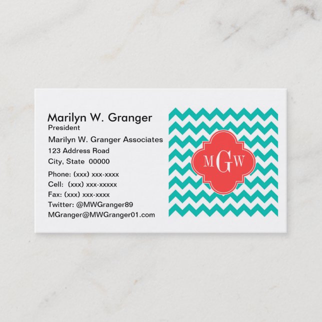 Teal White Chevron Coral Quatrefoil 3 Monogram Business Card (Front)