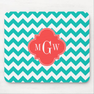 Teal White Chevron Coral Quatrefoil 3 Monogram Mouse Pad