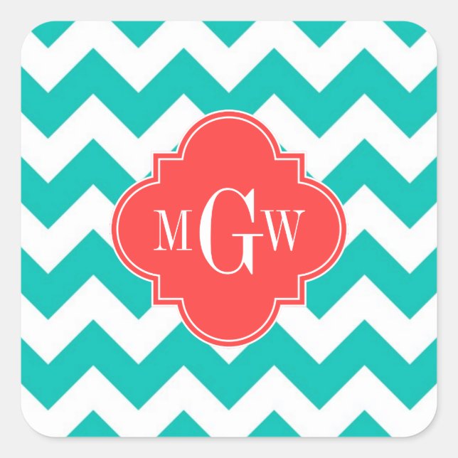 Teal White Chevron Coral Quatrefoil 3 Monogram Square Sticker (Front)