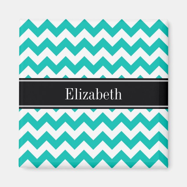 Teal White Chevron ZigZag Black Name Monogram Magnet (Front)