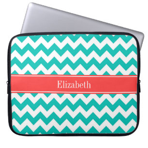 Teal White Chevron ZigZag Coral Name Monogram Laptop Sleeve