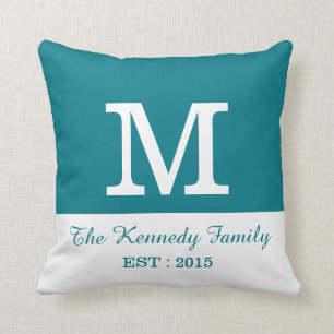 Teal White Colour Block Reversible Family Monogram Cushion