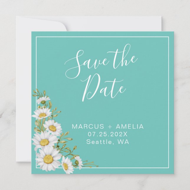 Teal & White Daisies Save the Date QR Code  Announcement (Front)