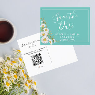 Teal & White Daisies Save the Date QR Code  Announcement Postcard