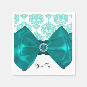 Teal & White Damask Bling Bow Glam Sweet 16 Party Napkin
