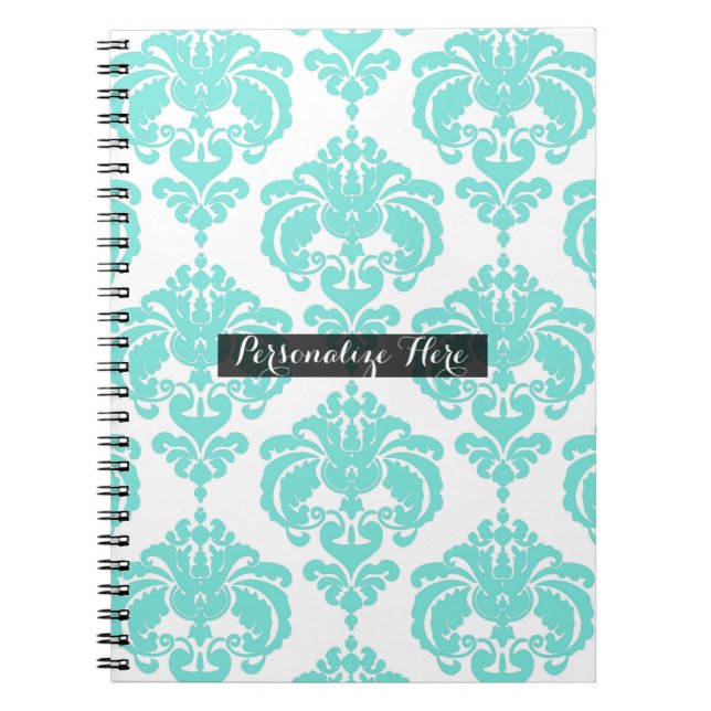 Teal & White Damask Chic Modern Elegant Pattern Spiral Notebook (Front)