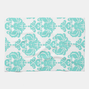 Teal & White Damask Chic Modern Elegant Pattern Tea Towel