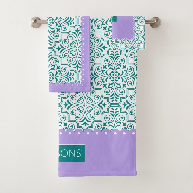 Teal white damask pattern purple scalloped borders bath towel set (Insitu)