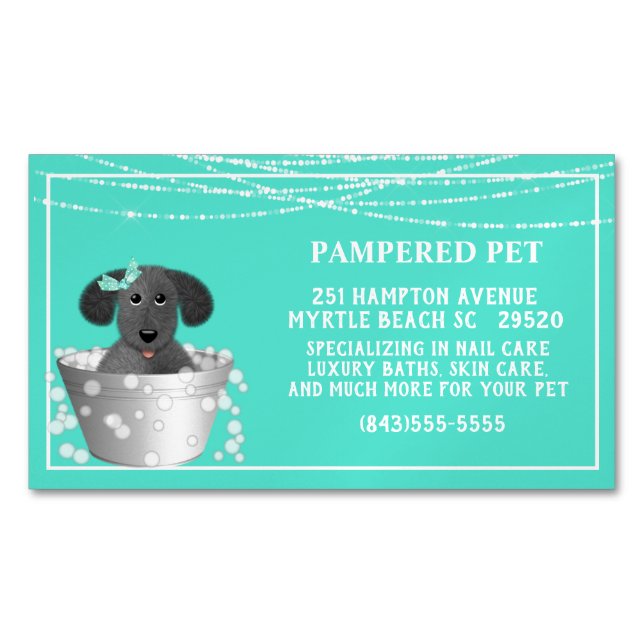 Teal White Dog in Tub Pet Groomer  Magnetic Business Card (Front)