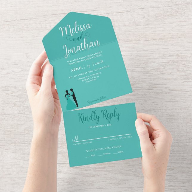 Teal White Elegant Wedding Bride and Groom All In One Invitation (Tearaway)