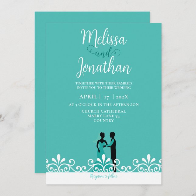 Teal White Elegant Wedding Bride and Groom Invitation (Front/Back)