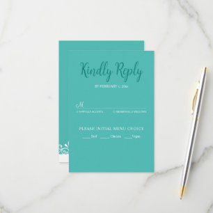 Teal White Elegant Wedding Bride and Groom RSVP Card