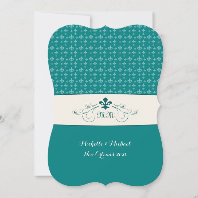 Teal White Fleur de Lis Wedding Event Invitation (Front)