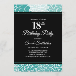 Teal White Floral 18th Birthday Party Invitation