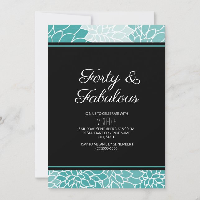 Teal White Floral 40 and Fabulous Birthday Invitation (Front)