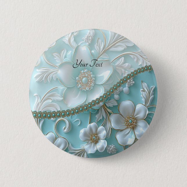 Teal White Floral Button (Front)