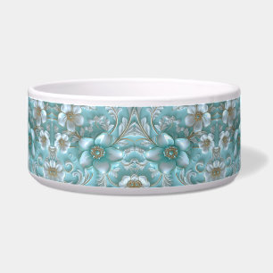 Teal White Floral Ceramic Pet Bowl
