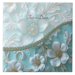 Teal White Floral Ceramic Tile