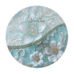 Teal White Floral Cutting Board