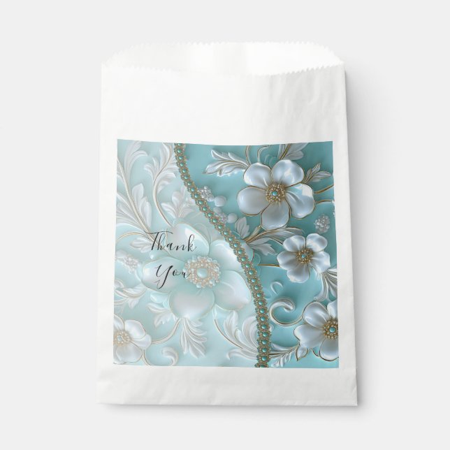 Teal White Floral Favour Bag (Front)