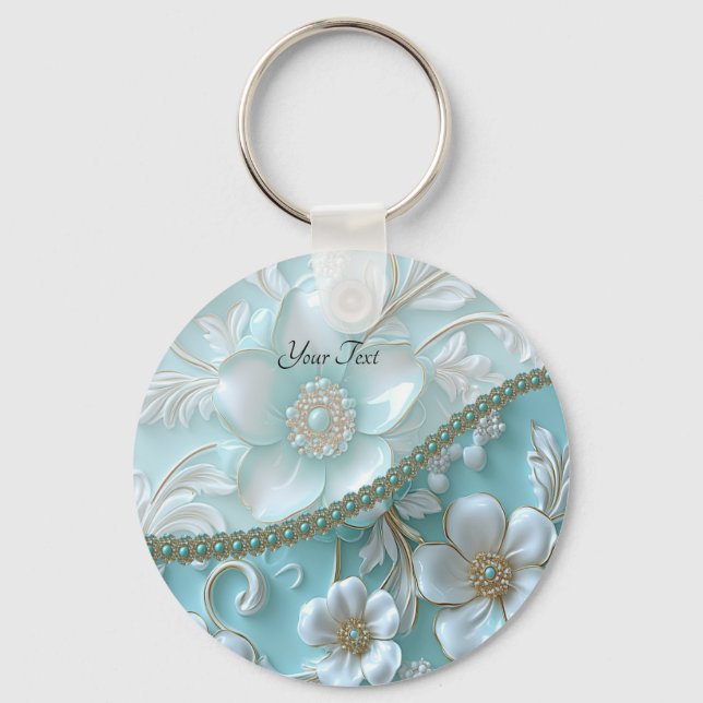 Teal White Floral Keychain (Front)