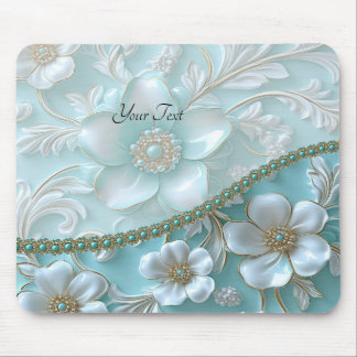 Teal White Floral Mousepad