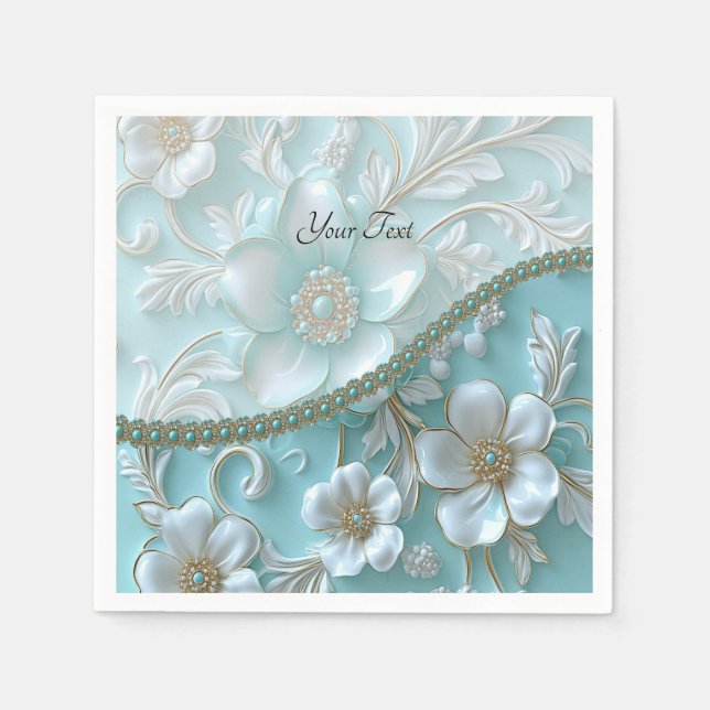 Teal White Floral Napkins (Front)