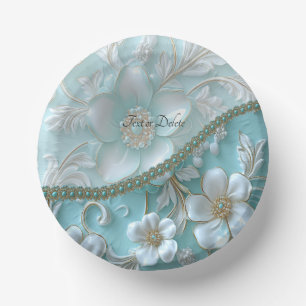 Teal White Floral Paper Bowls Plate