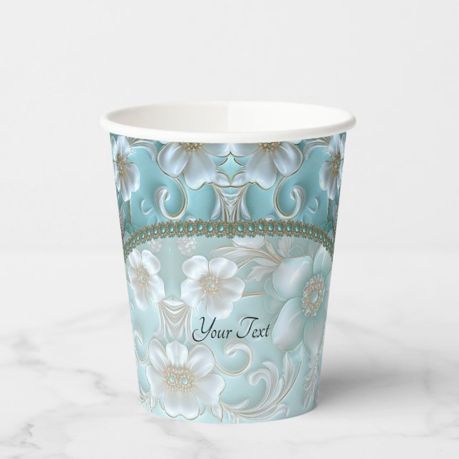 Teal White Floral Paper Cups (Left)