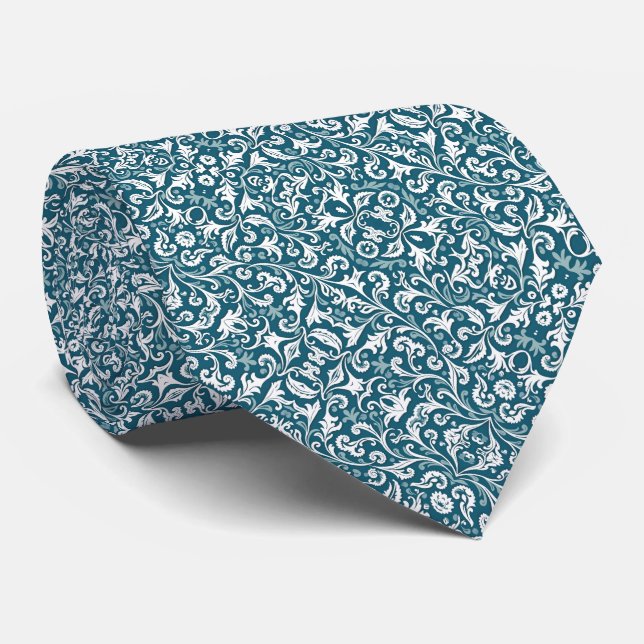 Teal & White Floral Pattern Tie (Rolled)