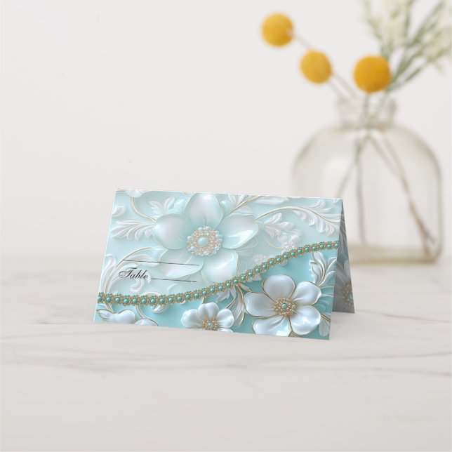 Teal White Floral Place Card (Front)