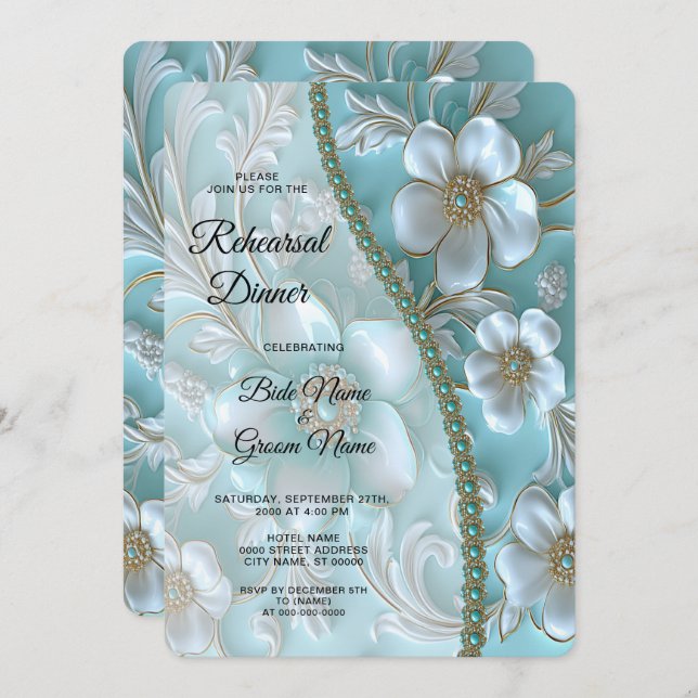 Teal White Floral Rehearsal Dinner Invitation (Front/Back)