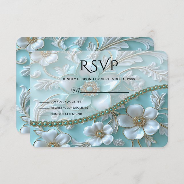 Teal White Floral RSVP Card (Front/Back)